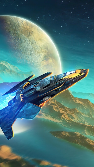 Spaceship flying near a planet and mountains
