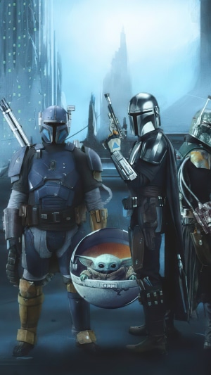 The Mandalorian and Grogu with other Mandalorians