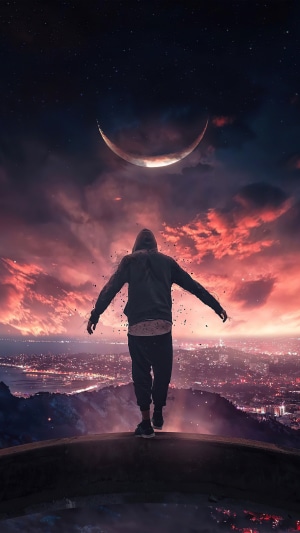 Man on cliff overlooking city under crescent moon