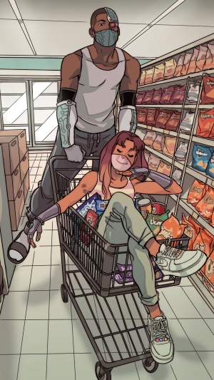 Cyborg and Starfire in a grocery store