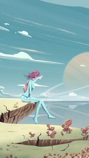 Sci-fi artwork of an alien looking at a ringed planet