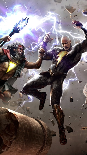 Black Adam and Zeus fighting with lightning