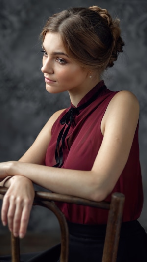 Woman in maroon top sitting by a chair