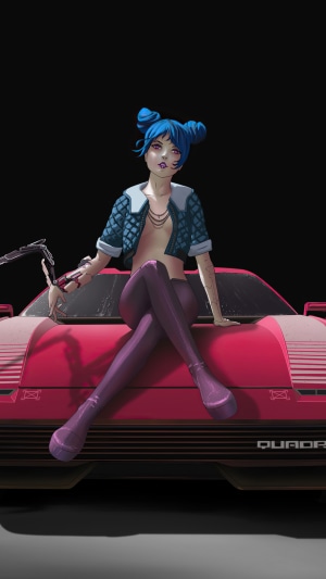 Girl with blue hair sitting on a red car