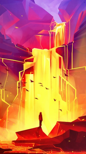 Digital art of a person standing before a lava waterfall