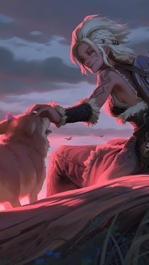 Artwork of a woman petting a dog