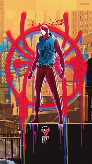Scarlet Spider in front of a graffiti spider web