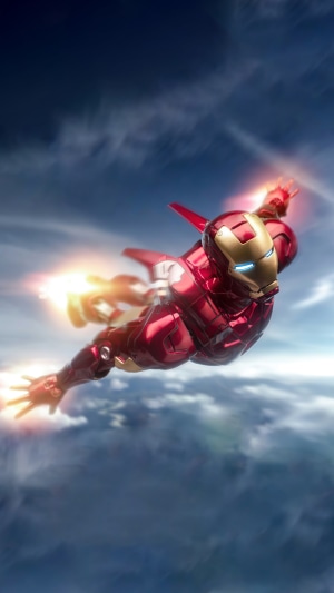 Iron Man flying through clouds