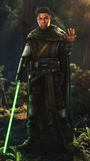 Finn from Star Wars holding a lightsaber