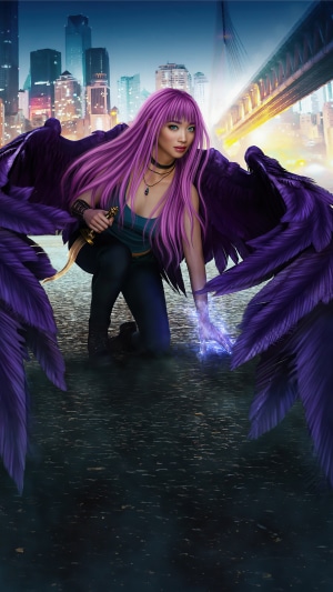 Woman with purple wings and a dagger in a city