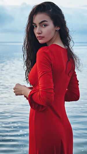 Woman in red dress by the water