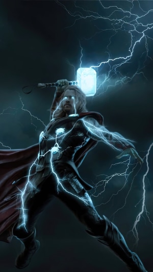 Thor from Marvel Comics wielding Mjolnir with lightning