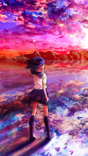 Anime girl looking at a colorful sky