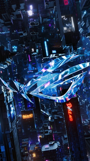 Republic of Gamers logo in a futuristic city