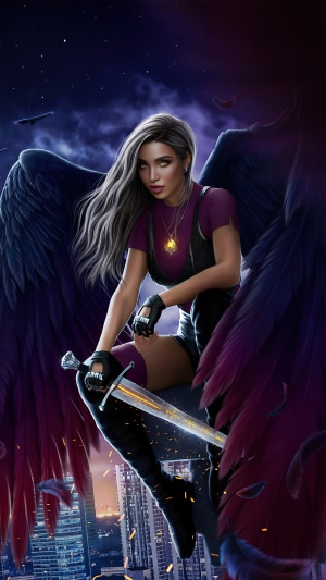 Angel with sword sitting on a building