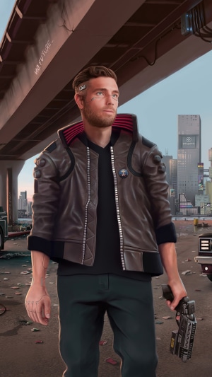 Man in Cyberpunk 2077 jacket holding a gun