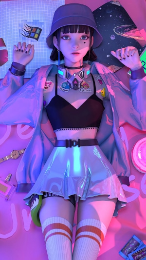 Anime girl in retro-futuristic outfit with Windows 95 elements