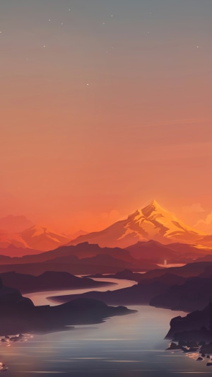 Minimalist digital art of mountains and a lake at sunset