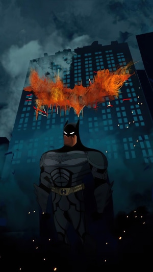 Batman with fiery bat-signal on building