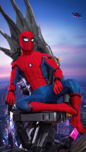 Spider-Man sitting on a throne with a drone in the sky