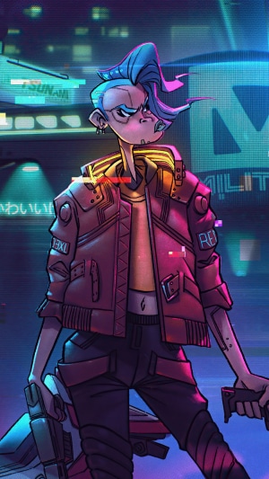 Cyberpunk character with blue hair and jacket