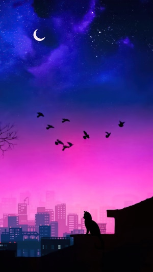 Cat silhouetted against a synthwave cityscape with birds and moon