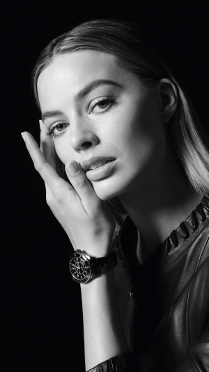 Margot Robbie in a black and white photoshoot