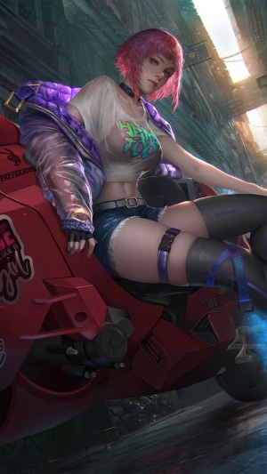 Cyberpunk woman with pink hair on a motorcycle