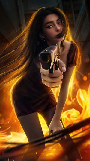 Woman holding a gun in front of flames, digital art 4K