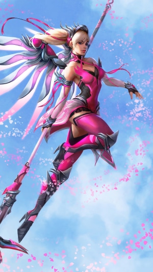 Mercy from Overwatch in pink outfit with wings