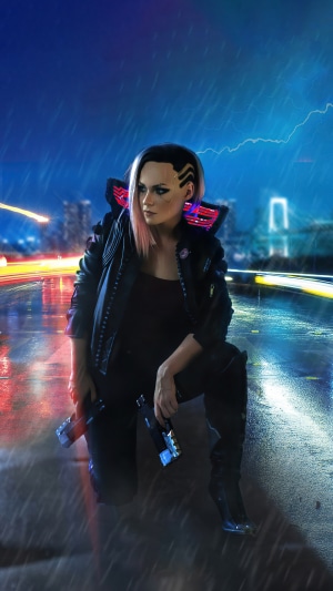 Female character from Cyberpunk 2077 with guns