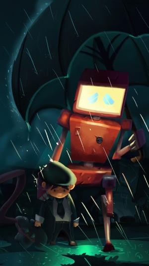 Robot and child under umbrella in the rain