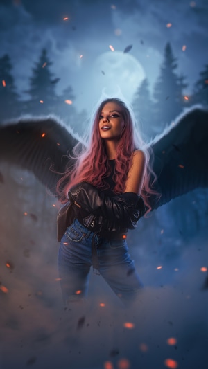 Angel with pink hair in a forest at night