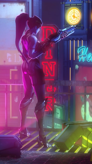 Widowmaker from Overwatch in a neon city