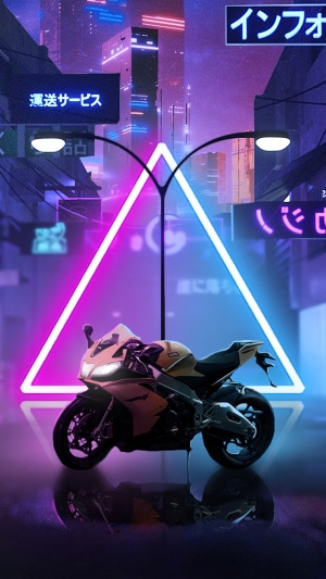 Motorcycle in a Neon Cityscape