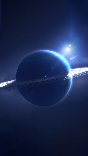 Blue planet with rings and a bright star