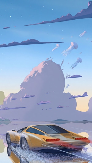 Yellow sports car driving on water with jellyfish in the sky