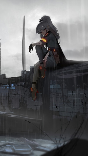 Anime girl sitting on a ruined wall in the rain