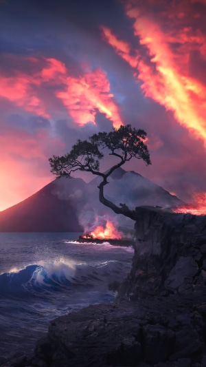 Volcanic eruption at sea with a lone tree on a cliff