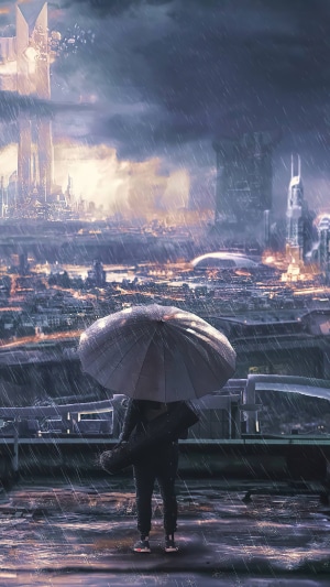 Person with umbrella in futuristic city during rain