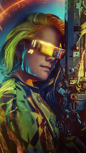 Cyberpunk woman with futuristic glasses and weapon