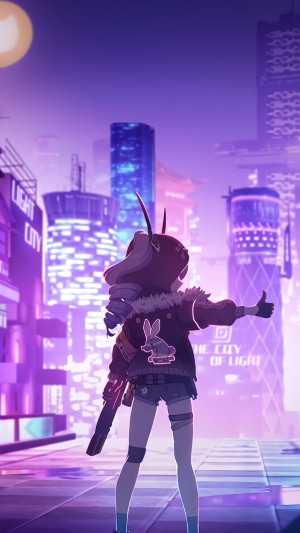 Anime girl with bunny jacket in a neon city