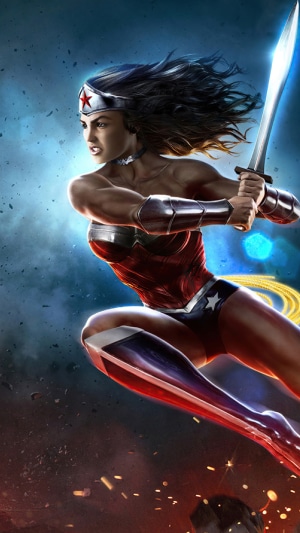 Wonder Woman in action with sword and lasso