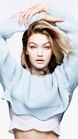 Gigi Hadid in a light blue sweater