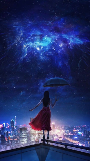 Woman in red dress with umbrella on rooftop under nebula