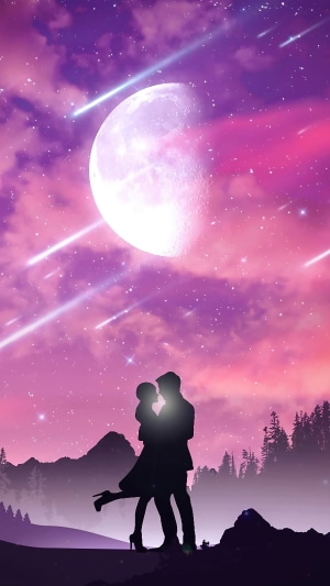 Couple embracing under a large moon and shooting stars