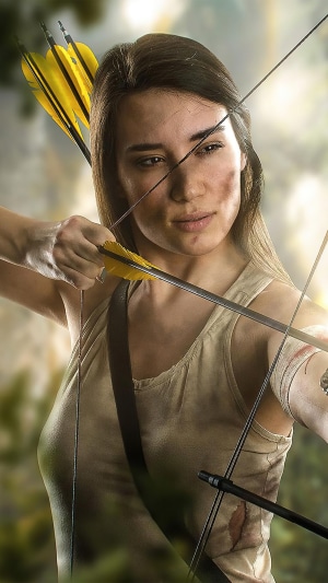 Lara Croft from Tomb Raider aiming a bow and arrow