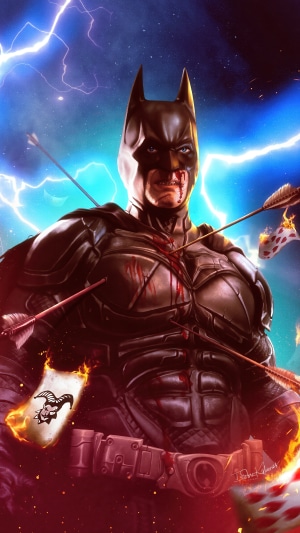 Batman pierced by arrows during a lightning storm