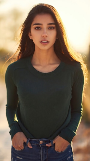 Model in green sweater and jeans