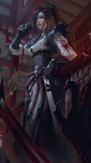 Woman in bloody white and black attire holding a grenade